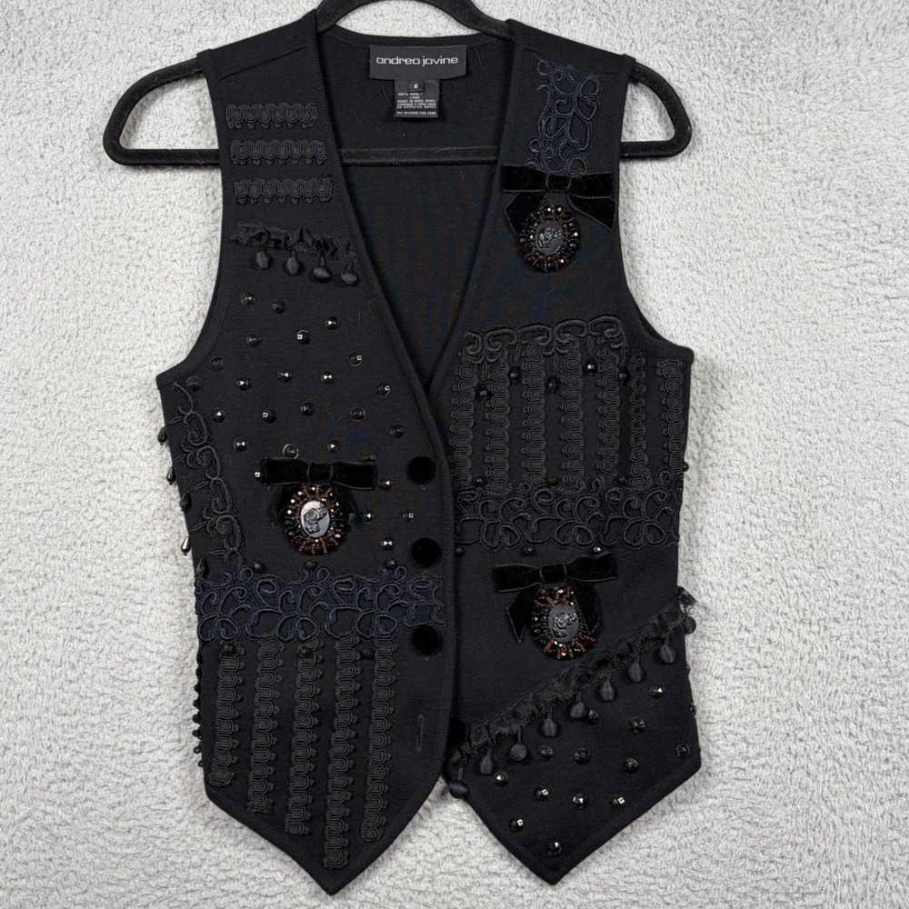 VTG Andrea Jovine Wool Knit Vest Embellished Black Whimisgoth Coquette Witchy S